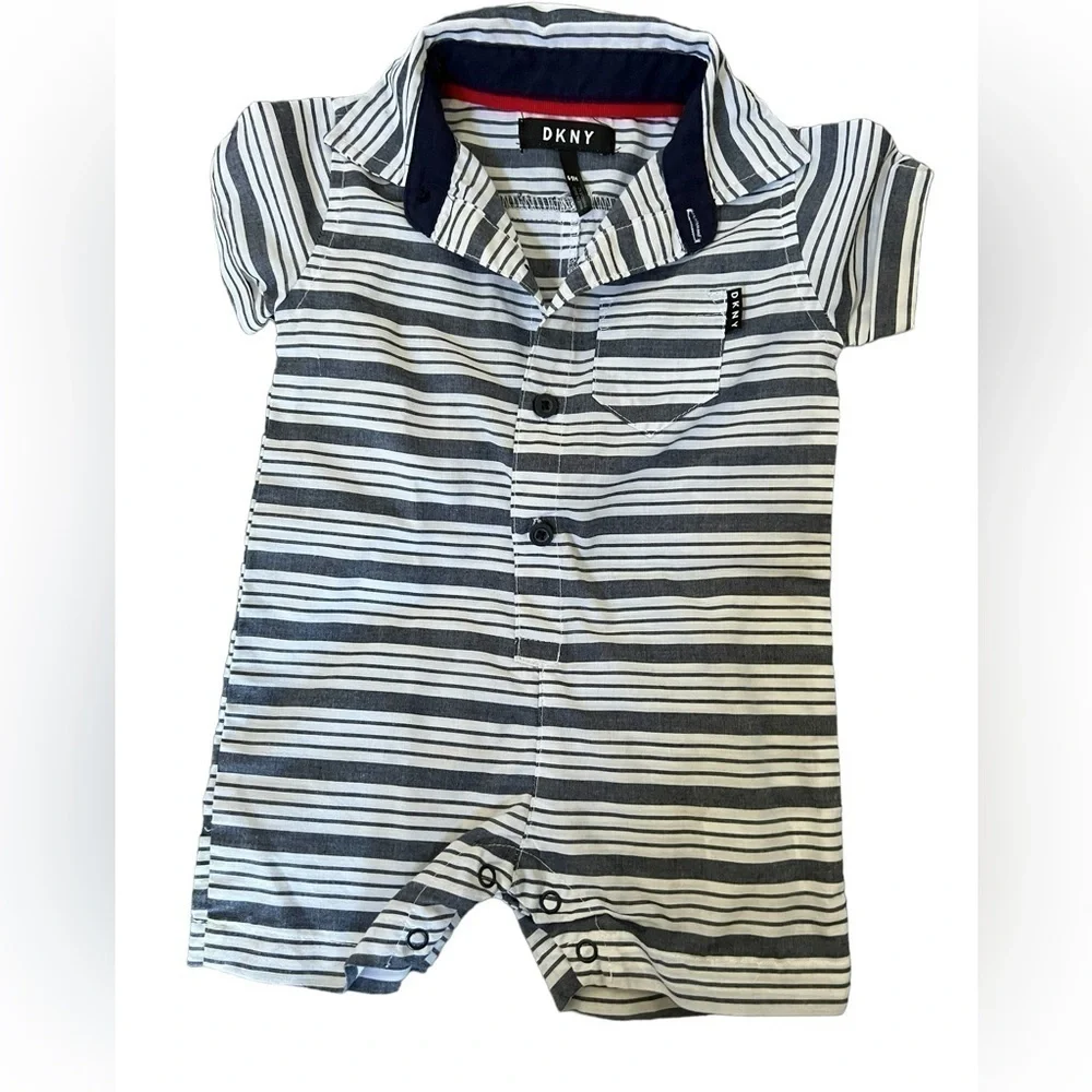 DKNY 6-9 months navy & white striped baby short sleeve collar dress shirt onesie